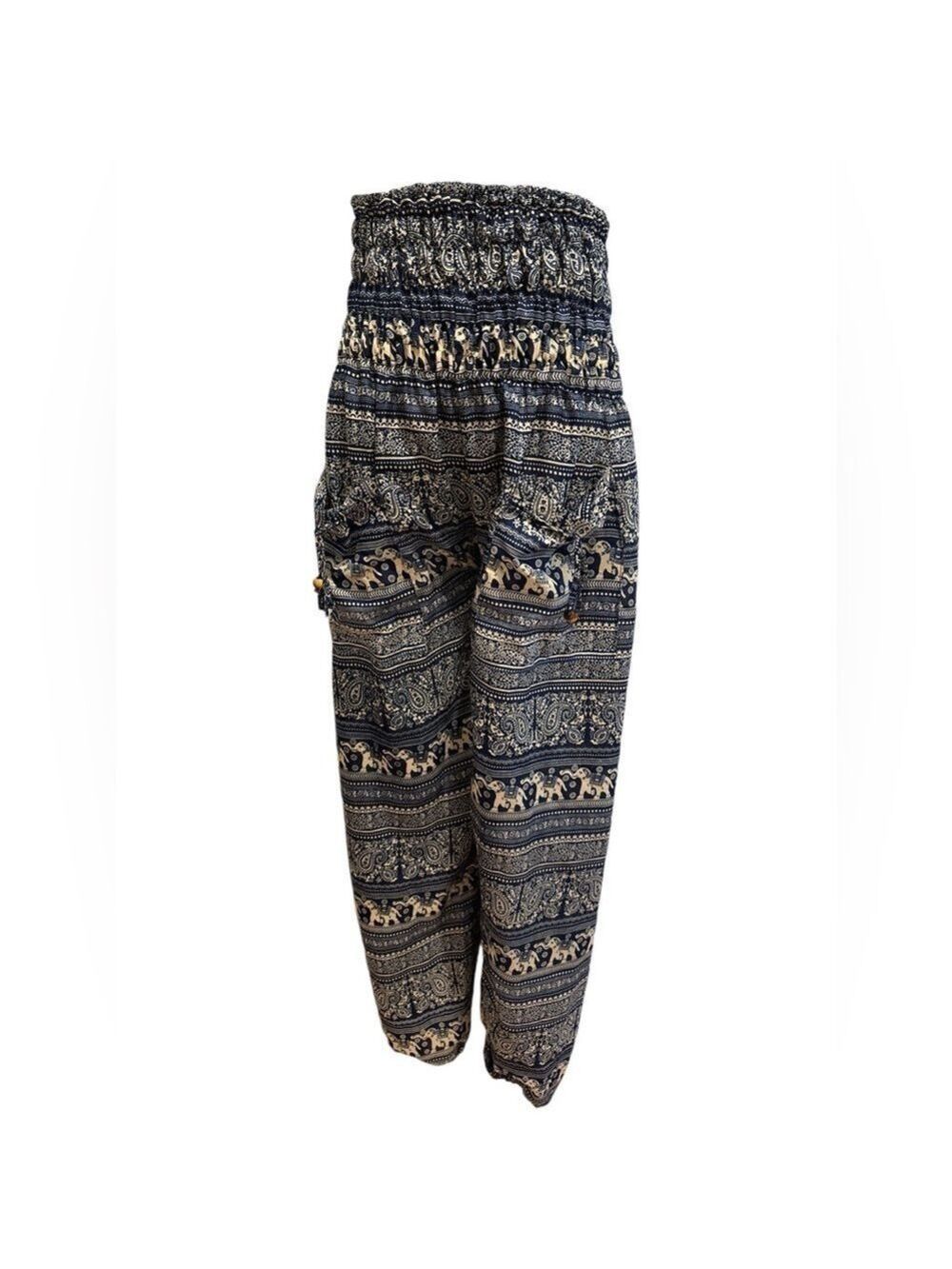 BOHO HAREM PANT W POCKETS STRIPED BLUE & CREAM ELEPHANT PAISLEY INDIA PRINT SZ M
